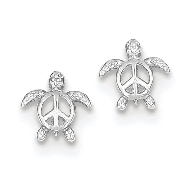 14k White Gold Peace Turtle Post Earrings