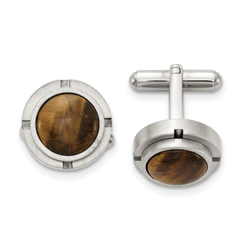 Stainless Steel Brushed and Polished with Tiger's Eye Circle Cufflinks