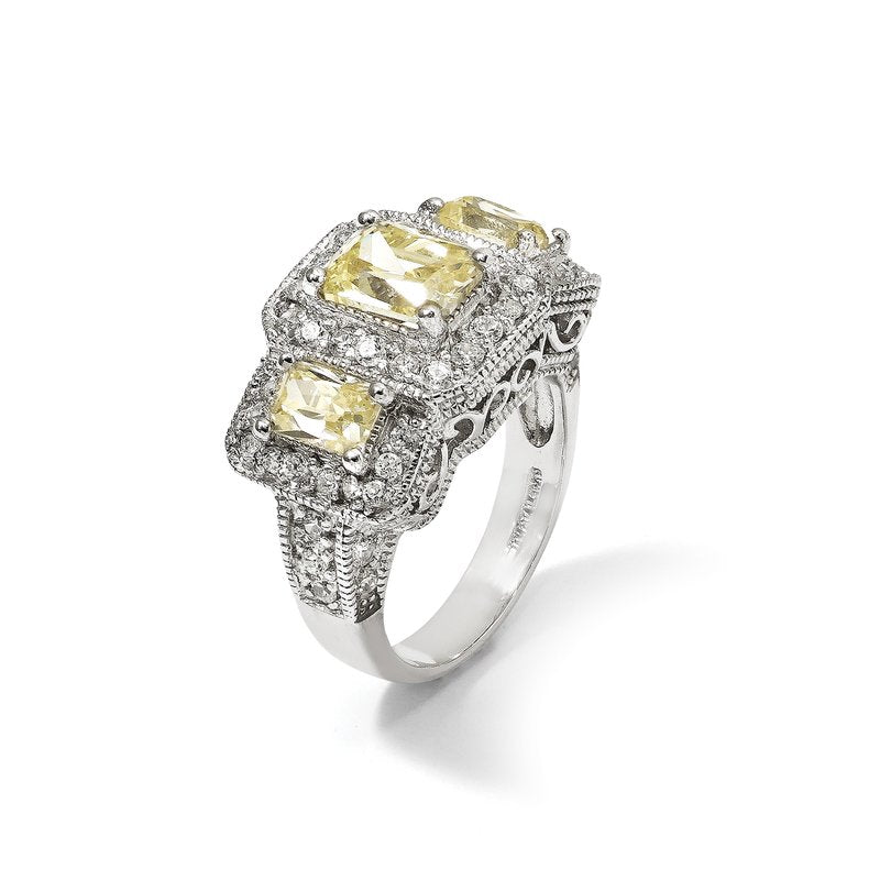 Sterling Silver Rhodium-plated Yellow Radiant-cut and White Brilliant-cut CZ 3 Stone Ring