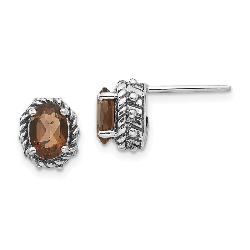 Sterling Silver Antiqued Oval Smoky Quartz Post Earrings