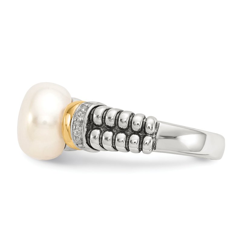 Sterling Silver with 14K Accent Antiqued Diamond and 9.5-10mm Freshwater Cultured Pearl Ring