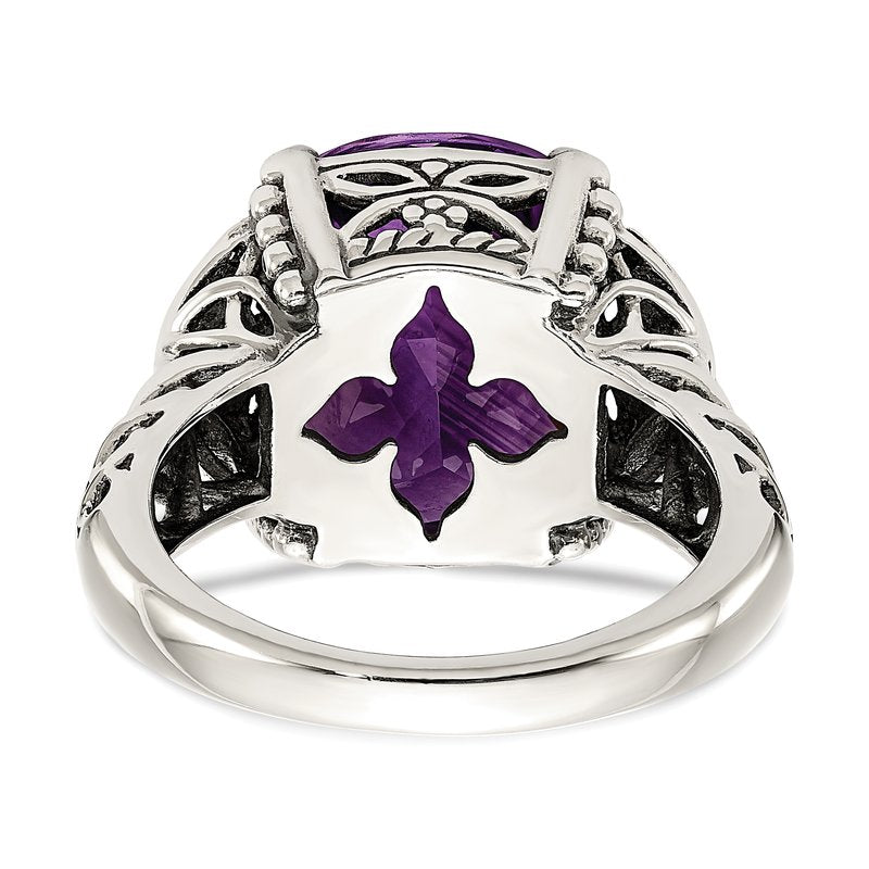 Sterling Silver with 14K Accent Antiqued Cushion Amethyst Ring