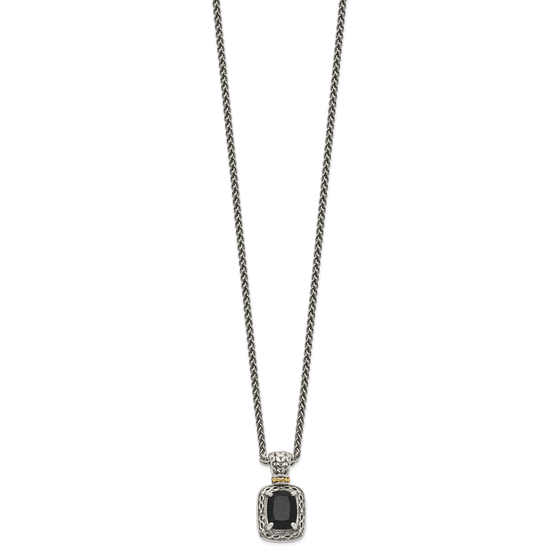 Sterling Silver with 14K Accent 18 inch Antiqued Black Onyx Necklace