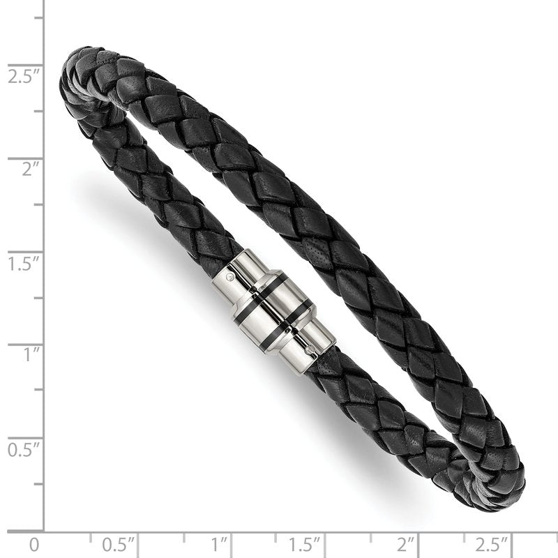 Stainless Steel Polished Black IP-plated Black Braided Leather 9 inch Bracelet