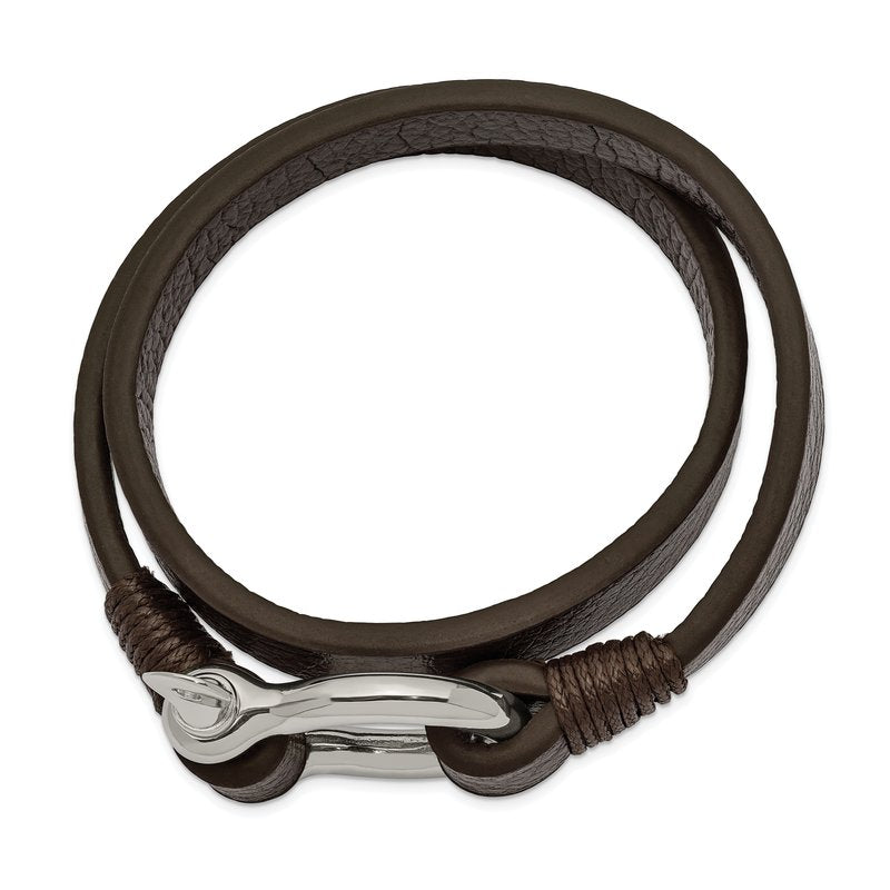 Stainless Steel Polished Shackle Brown Leather 16 inch Wrap Bracelet