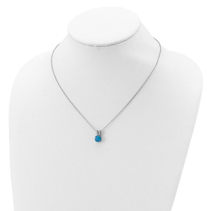 Sterling Silver Rhodium-plated Cabochon Lab Created Blue Opal and Brilliant-cut CZ Split Bail 18.5 Inch Necklace