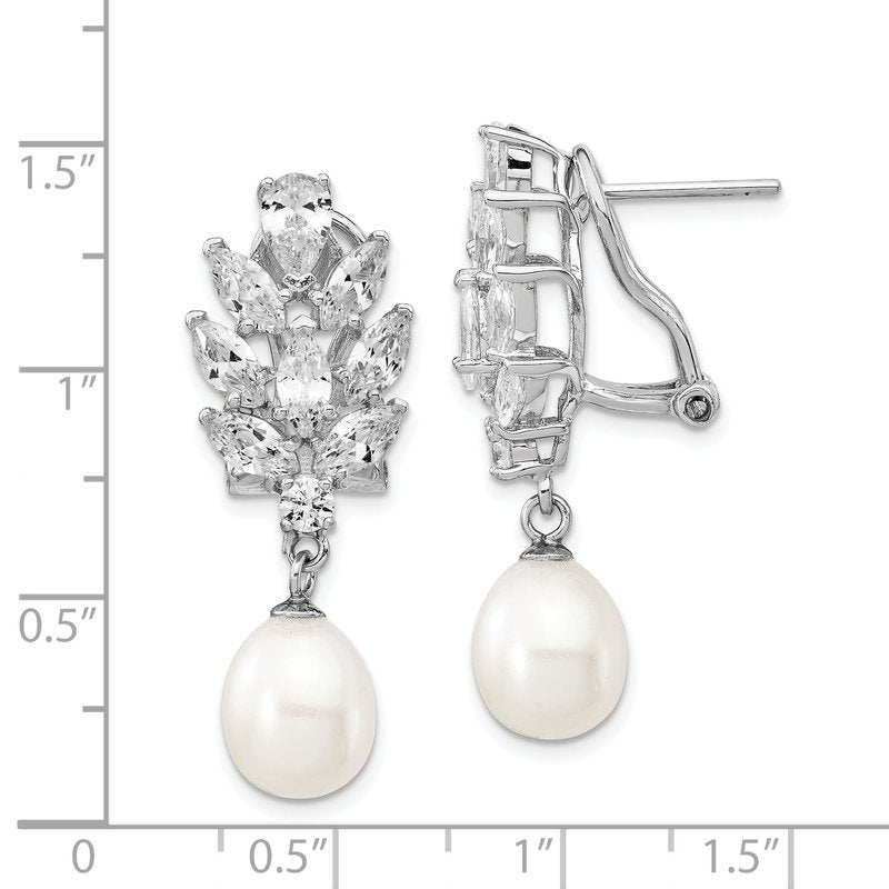 Sterling Silver Rhodium-plated Teardrop Freshwater Cultured Pearl Marquise-cut and Brilliant-cut CZ Fancy Omega Back Dangle Earrings