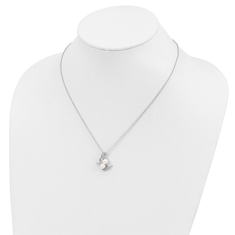 Sterling Silver Rhodium-plated Freshwater Cultured Pearl and Brilliant-cut CZ Leaves 18 Inch Necklace