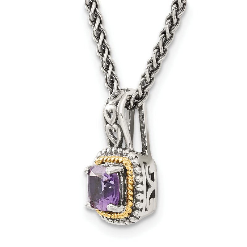 Sterling Silver with 14K Accent 18 Inch Antiqued Cushion Amethyst Necklace