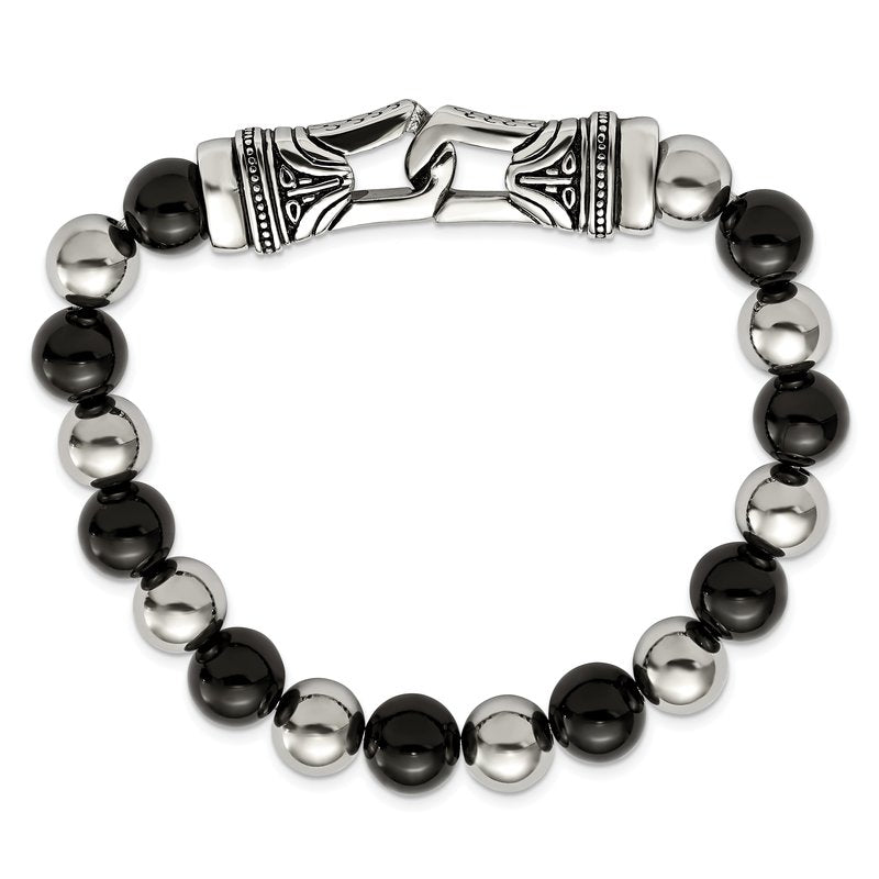 Stainless Steel Antiqued and Polished 10mm Black Agate Beaded Stretch Bracelet