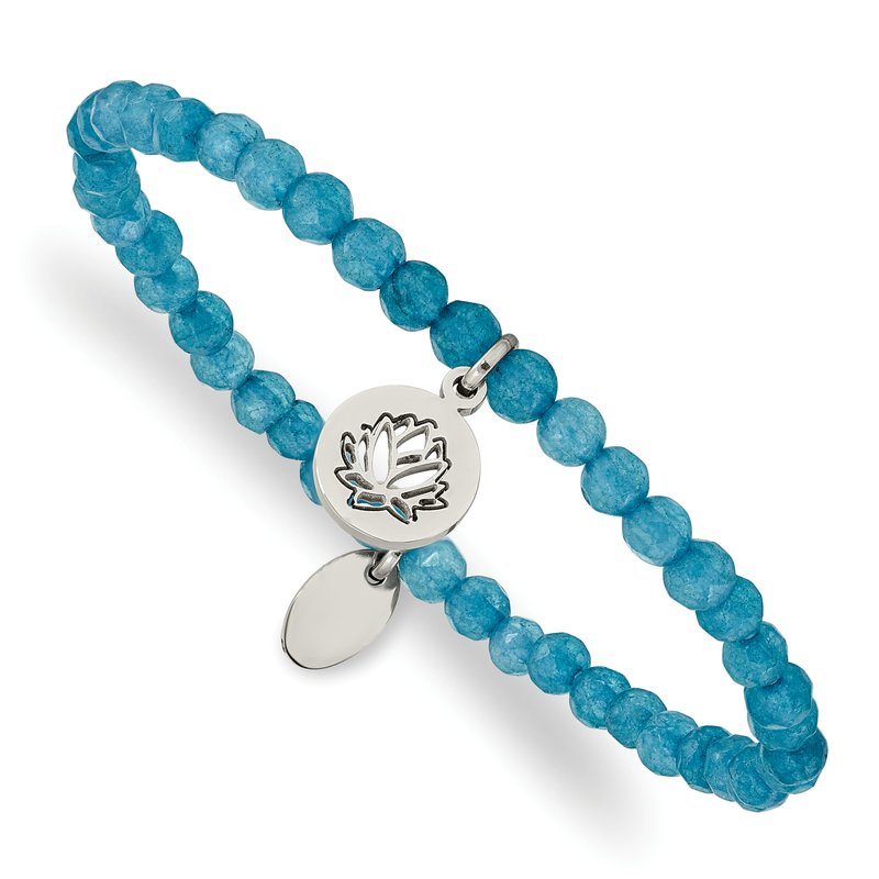 Stainless Steel Polished Lotus 4mm Blue Jade Beaded Stretch Bracelet
