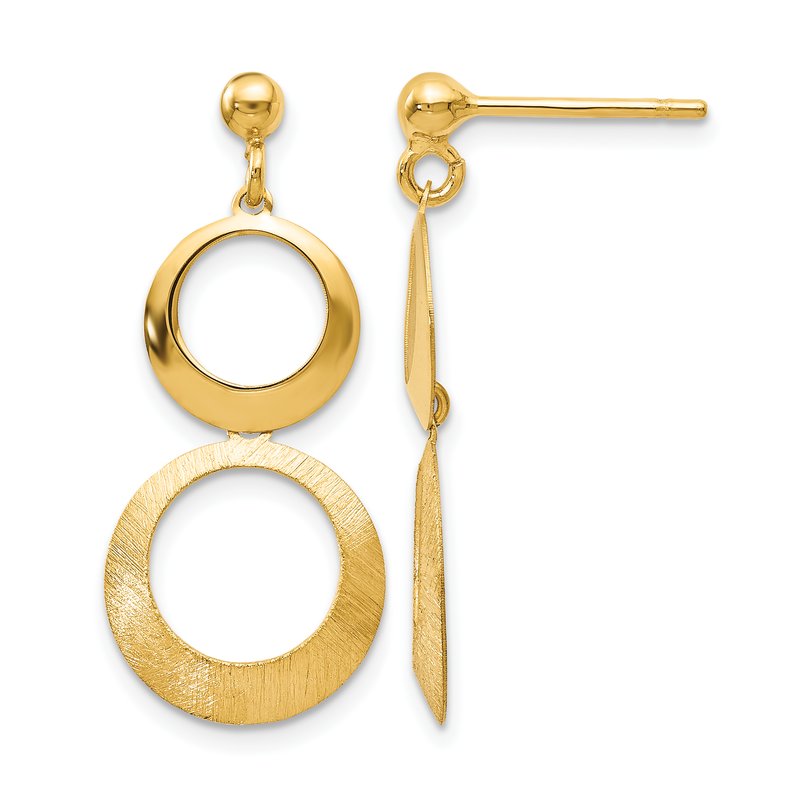 14K Polished and Scratch Finish Circle Post Dangle Earrings