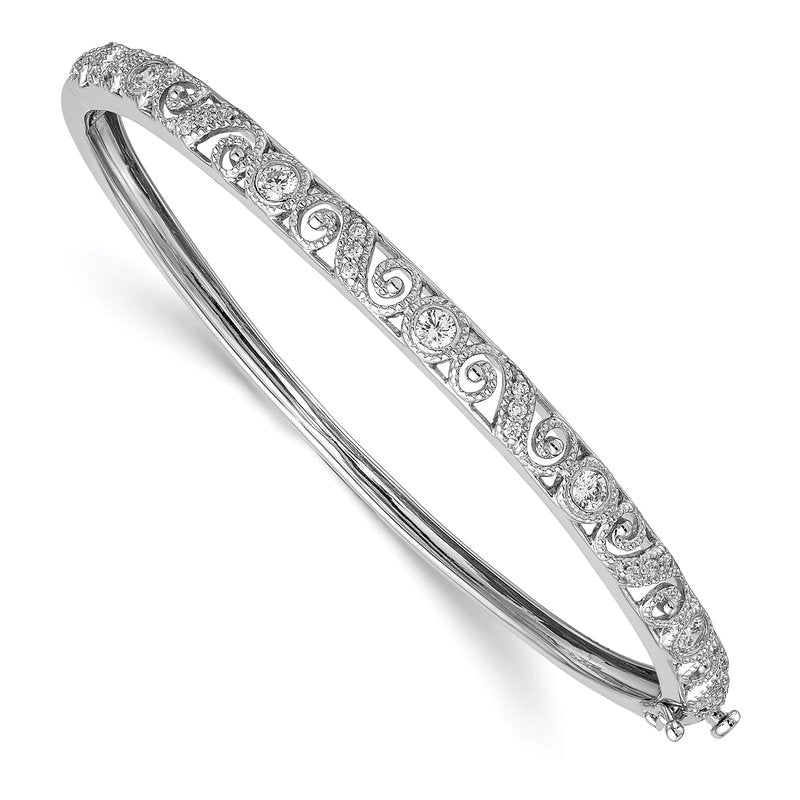 14k White Gold Swirl Design Complete 3/4 carat AA Diamond Hinged Oval Bangle Bracelet
