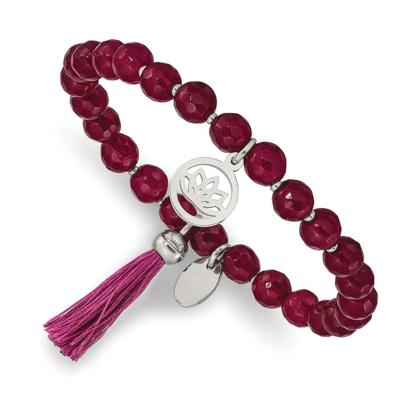 Stainless Steel Polished Lotus 6mm Pink Jade Beaded Stretch Bracelet with Tassel