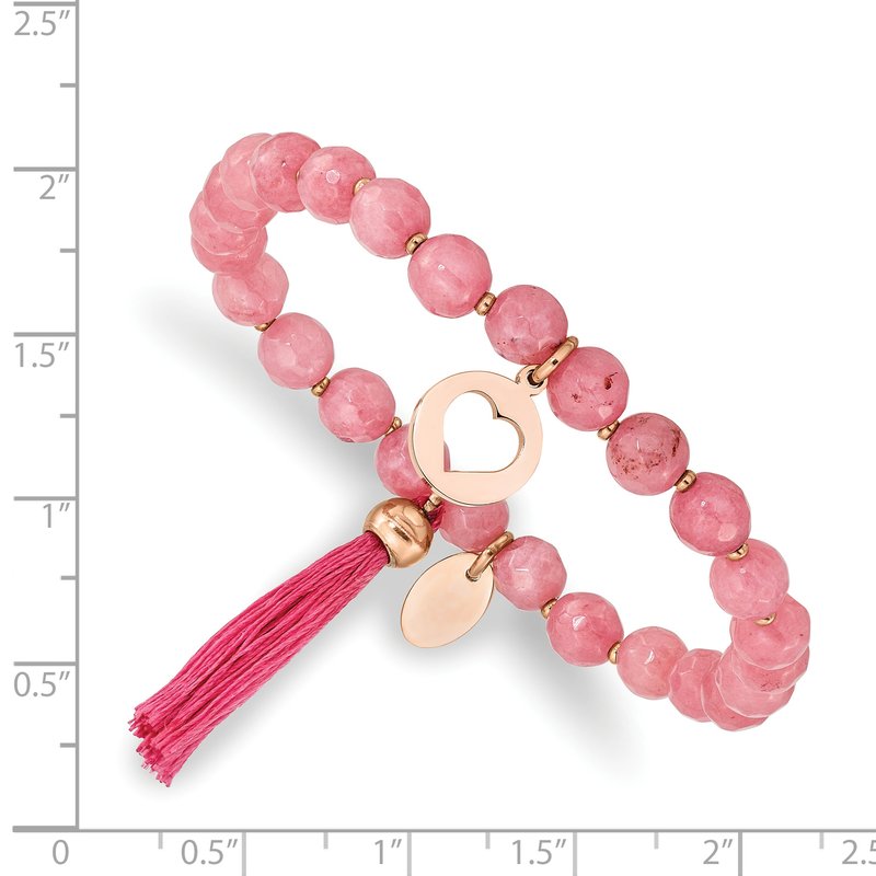 Stainless Steel Polished Rose IP-plated Heart 6mm Pink Jade Beaded Stretch Bracelet with Tassel