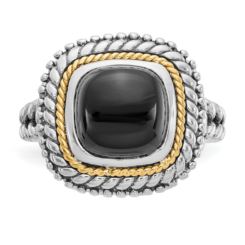 Sterling Silver with 14K Accent Antiqued Cabochon Black Onyx Ring