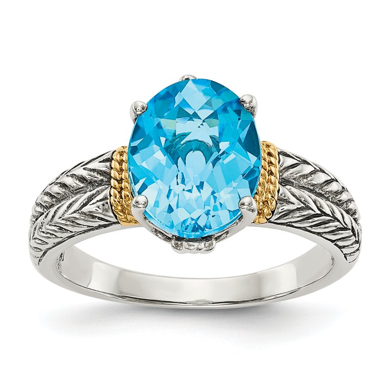 Sterling Silver with 14K Accent Antiqued Oval Blue Topaz Ring