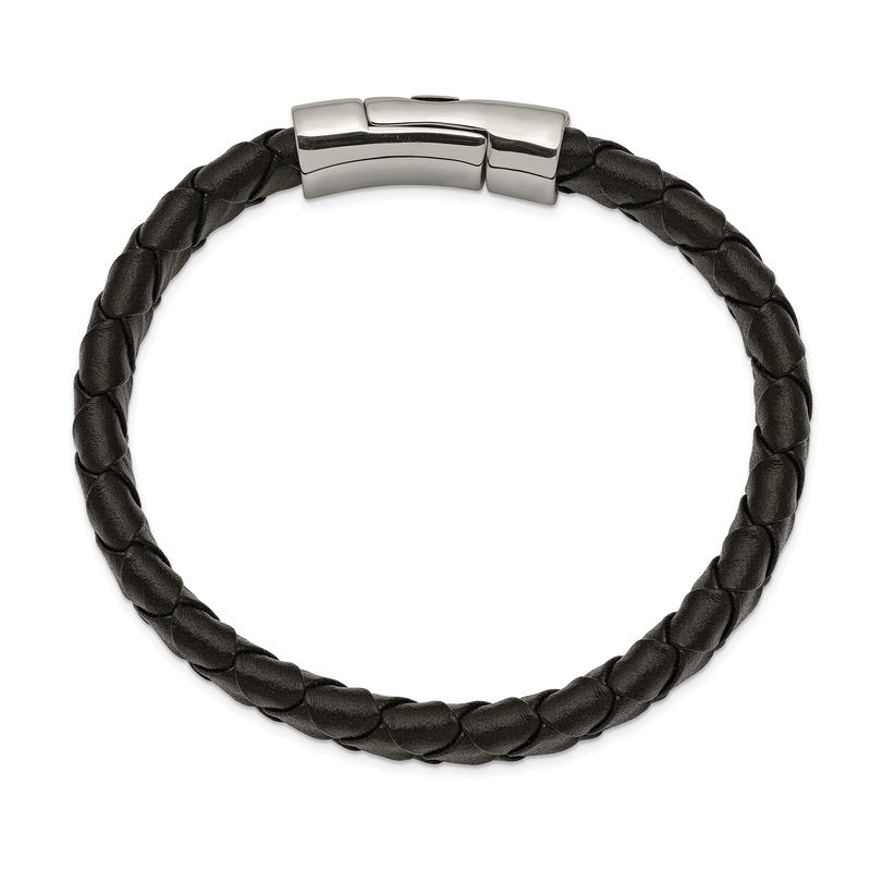 Stainless Steel Antiqued and Polished Cross Black Leather 8.5 inch Bracelet