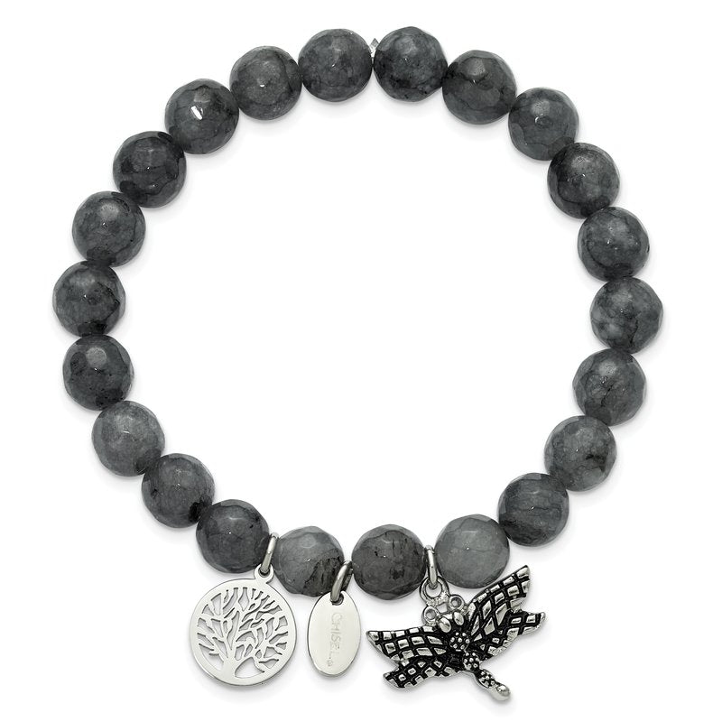 Stainless Steel Antiqued and Polished Dragonfly and Tree of Life 8mm Grey Dyed Jade Beaded Stretch Bracelet