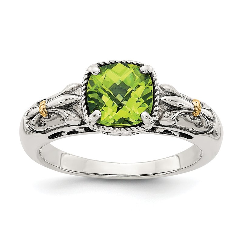 Sterling Silver with 14K Accent Antiqued Cushion Peridot Ring
