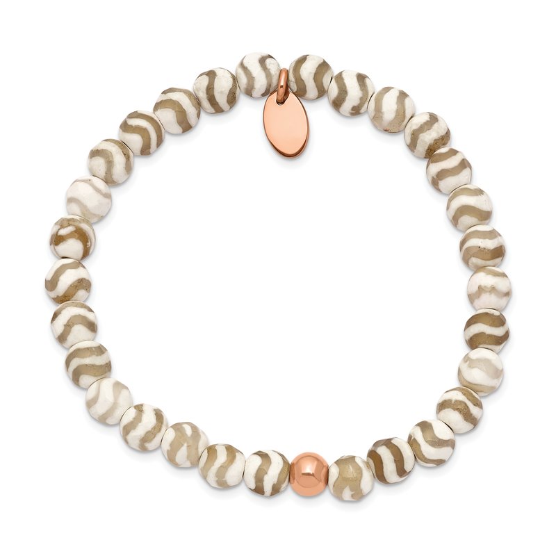 Stainless Steel Polished Rose IP-plated 6mm White Wave Agate Beaded Stretch Bracelet