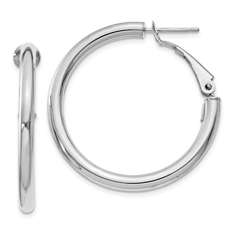 14k White Gold 3x25mm Polished Round Omega Back Hoop Earrings