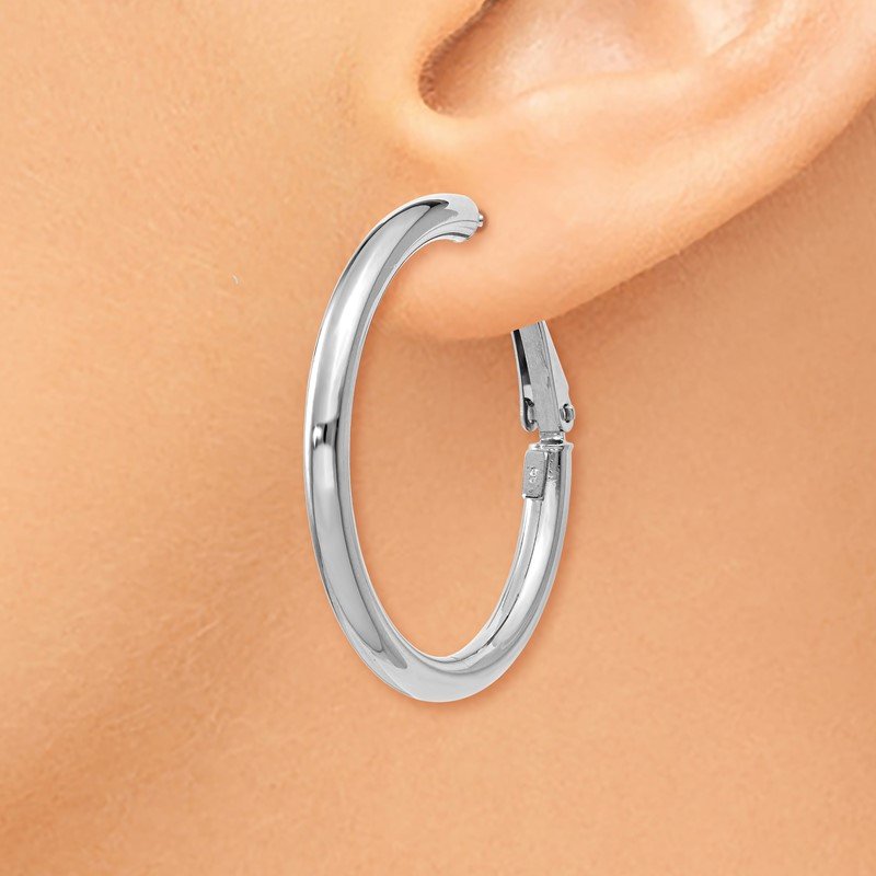 14k White Gold 3x25mm Polished Round Omega Back Hoop Earrings