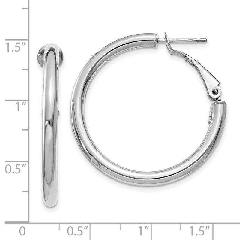 14k White Gold 3x25mm Polished Round Omega Back Hoop Earrings