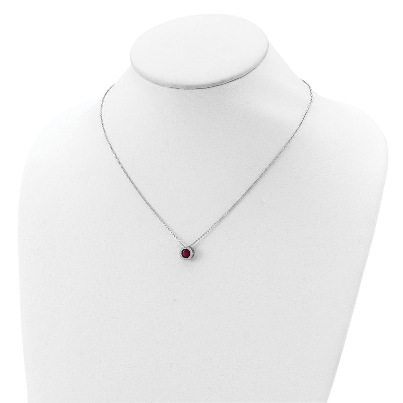 Sterling Silver Rhodium-plated Brilliant-cut Lab Created Ruby and Brilliant-cut White CZ Round Halo 18 Inch Necklace