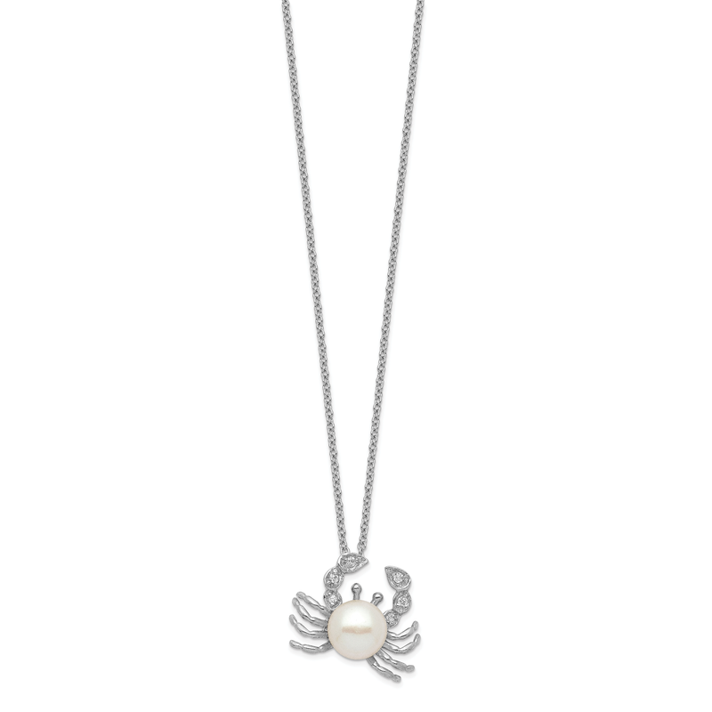 Sterling Silver Rhodium-plated Freshwater Cultured Pearl and Brilliant-cut CZ Crab 18 Inch Necklace