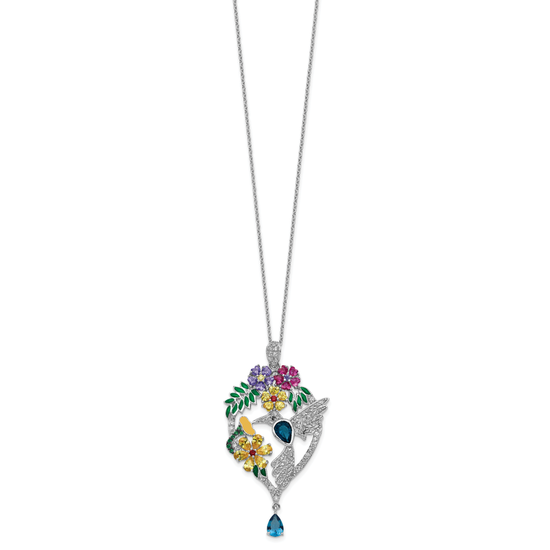 Sterling Silver Rhodium-plated Enameled Multicolor Brilliant-cut Glass and CZ Floral Hummingbird 18 Inch Necklace