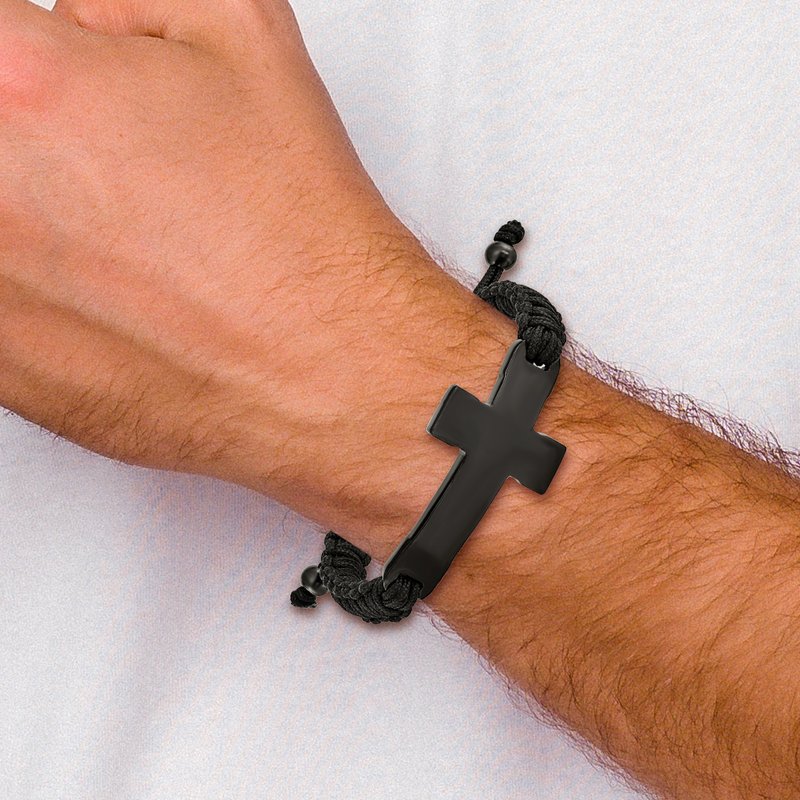 Stainless Steel Polished Black IP-plated Cross Black Nylon Adjustable Bracelet