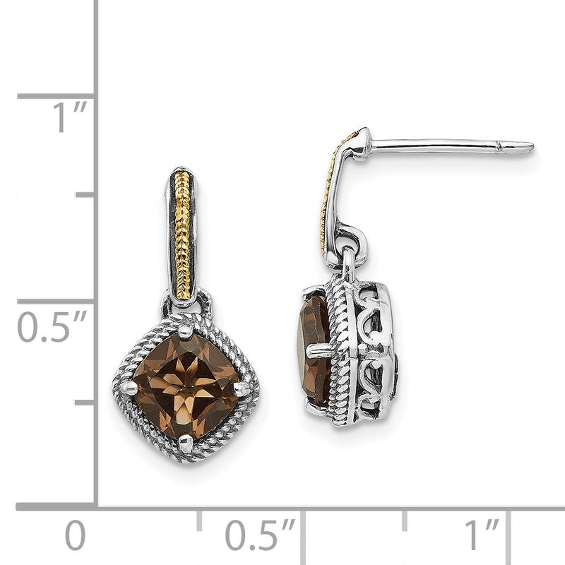 Sterling Silver with 14K Accent Antiqued Cushion Smoky Quartz Post Dangle Earrings