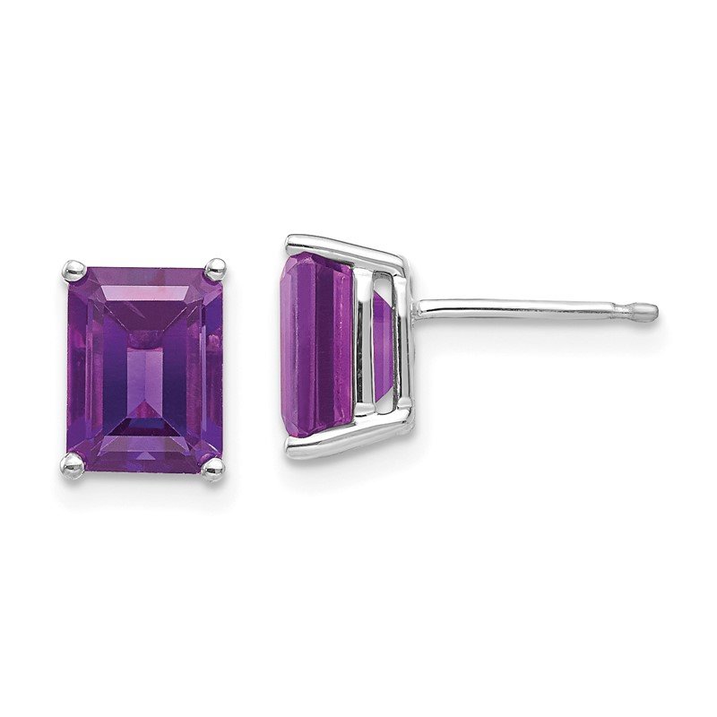 14k White Gold 8x6mm Emerald-Cut Amethyst Post Earrings