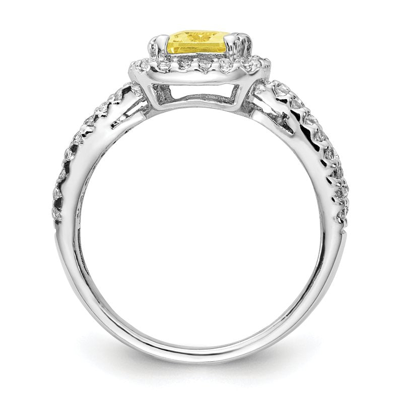 Sterling Silver Rhodium-plated Fancy Yellow Elongated Cushion-cut and White Brilliant-cut CZ Halo Ring