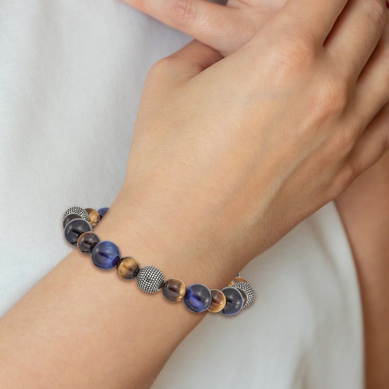 Stainless Steel Antiqued and Polished 8-10mm Brown and Blue Tiger's Eye Beaded Stretch Bracelet