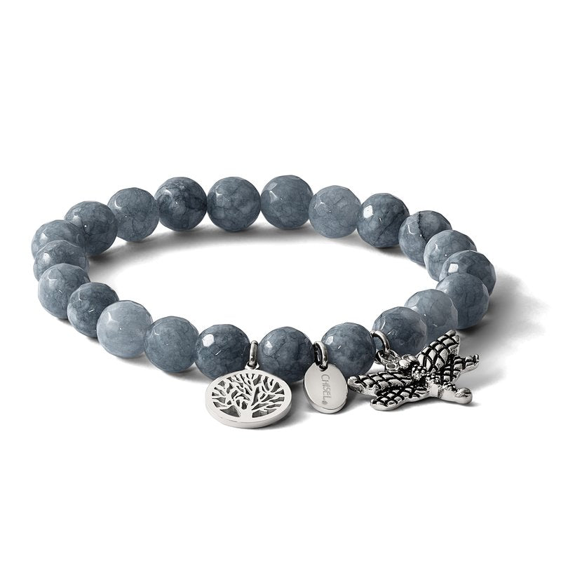 Stainless Steel Antiqued and Polished Dragonfly and Tree of Life 8mm Grey Dyed Jade Beaded Stretch Bracelet