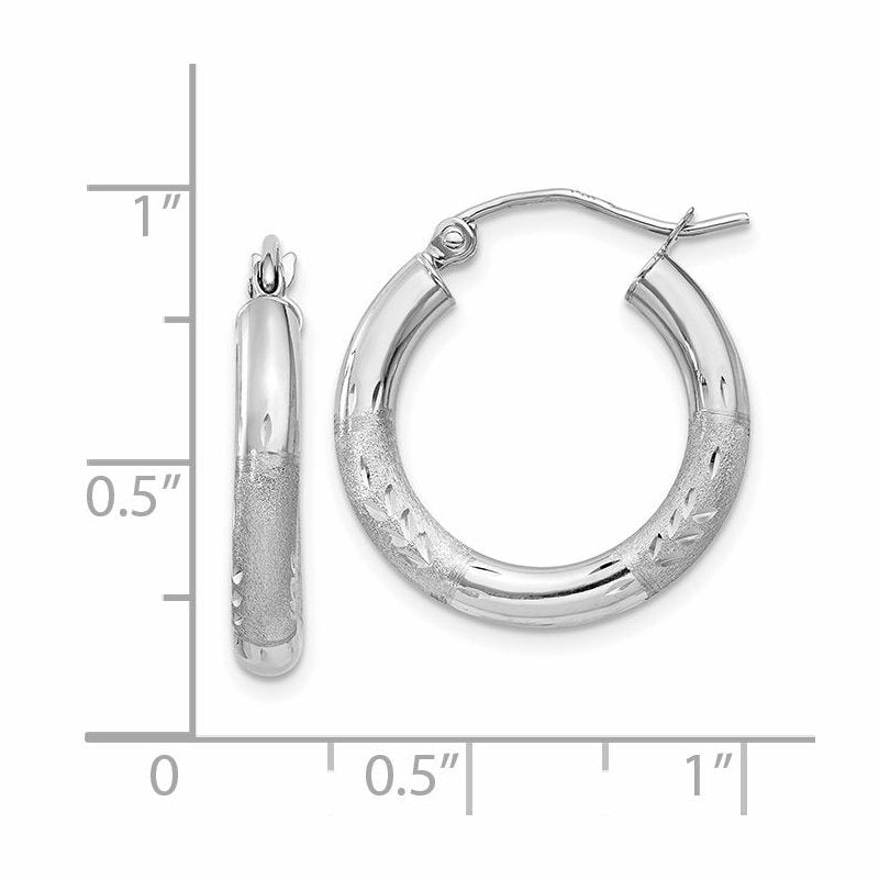 14k White Gold Satin and Diamond-cut 3mm Round Hoop Earrings