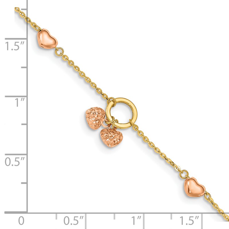 14k Two-tone Diamond-cut and Polished Hearts 7 inch Bracelet Plus 1 inch Heart Dangle Extender