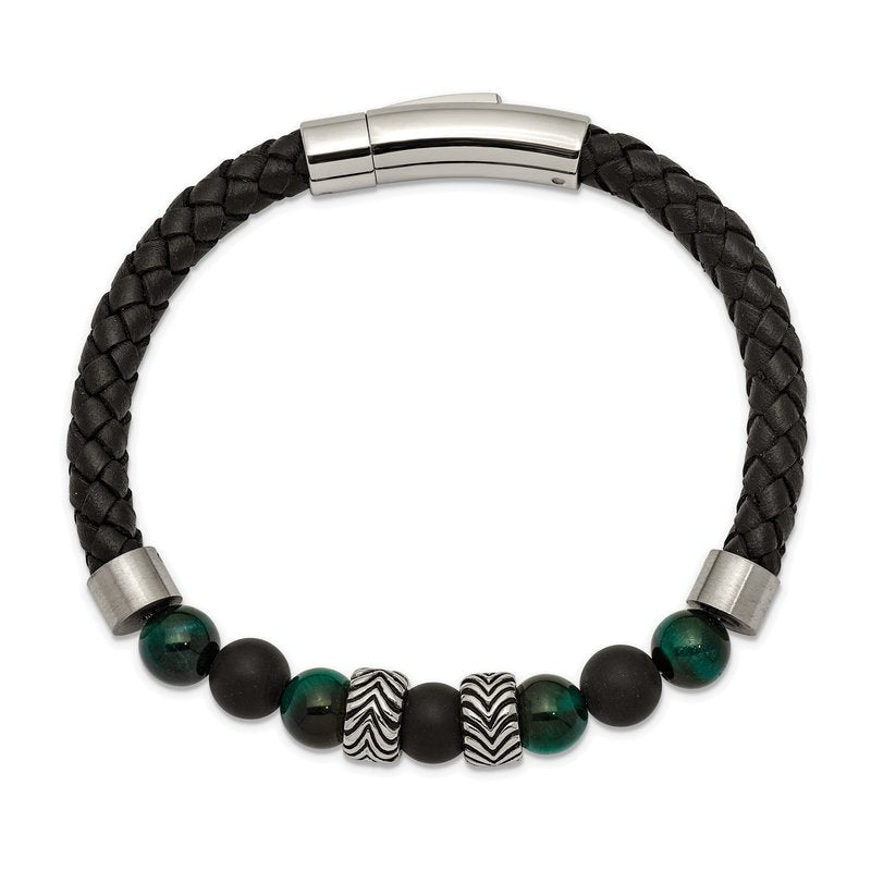 Stainless Steel Antiqued and Polished Black Agate and Green Tiger's Eye Beads Black Leather 8.5 inch Bracelet