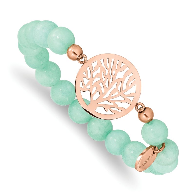 Stainless Steel Polished Rose IP-plated Tree of Life 8mm Green Dyed Jade Beaded Stretch Bracelet