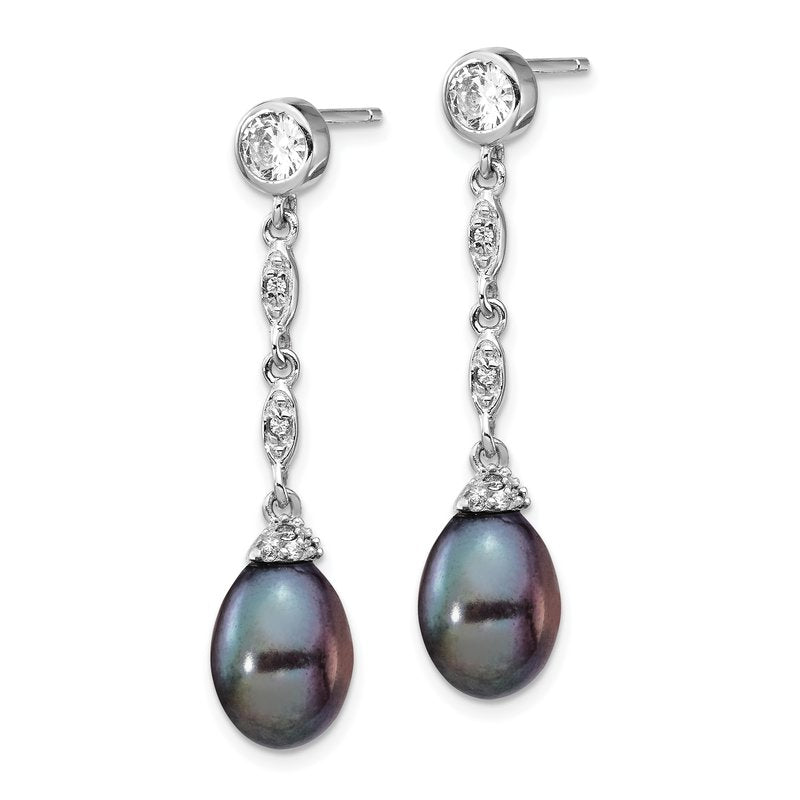 Sterling Silver Rhodium-plated Black Teardrop Freshwater Cultured Pearl and Brilliant-cut CZ Bezel Post Dangle Earrings
