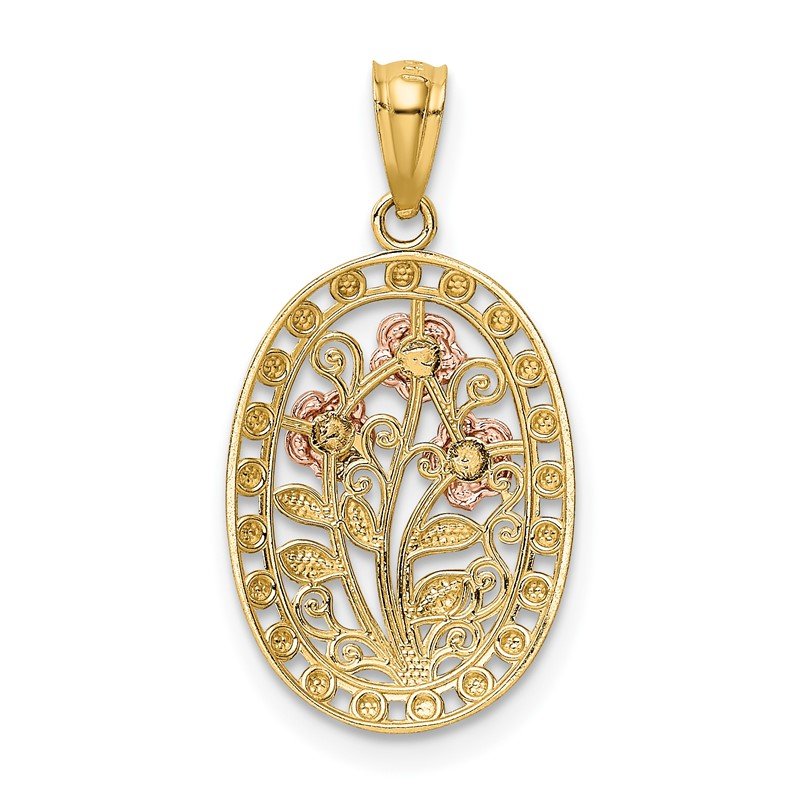 14k Yellow and Rose Gold with White Rhodium Oval 3 Rose Pendant