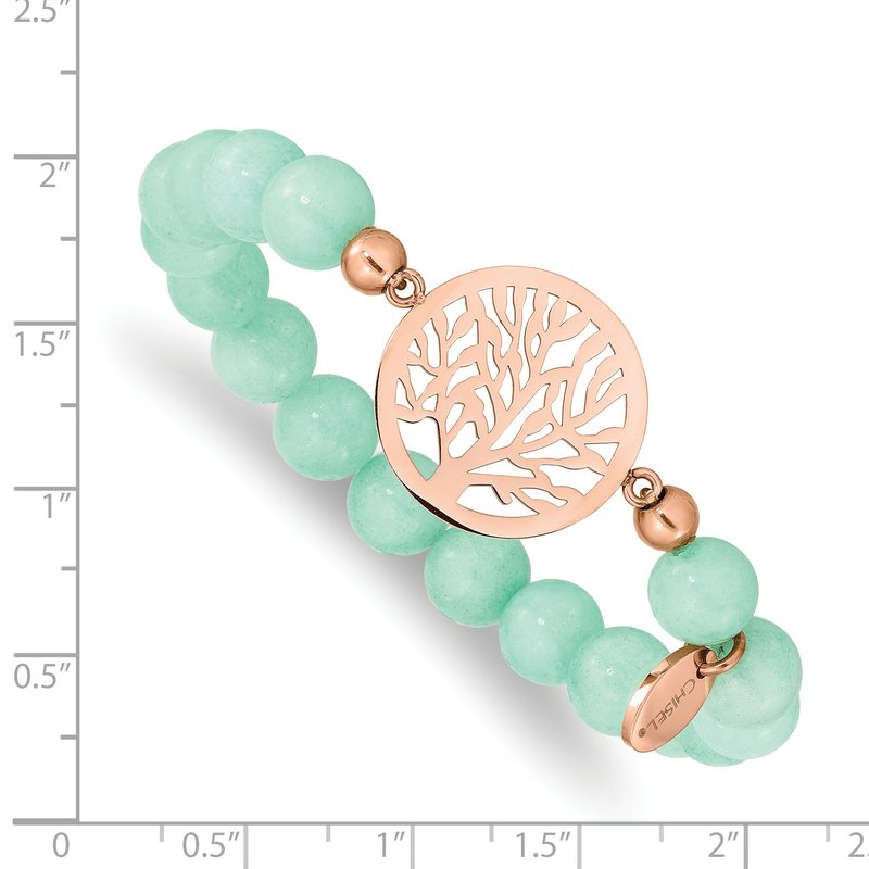 Stainless Steel Polished Rose IP-plated Tree of Life 8mm Green Dyed Jade Beaded Stretch Bracelet