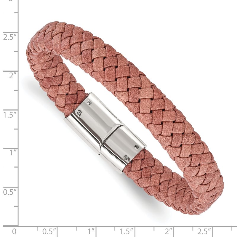 Stainless Steel Polished Light Brown Braided Leather 8.25 inch Bracelet