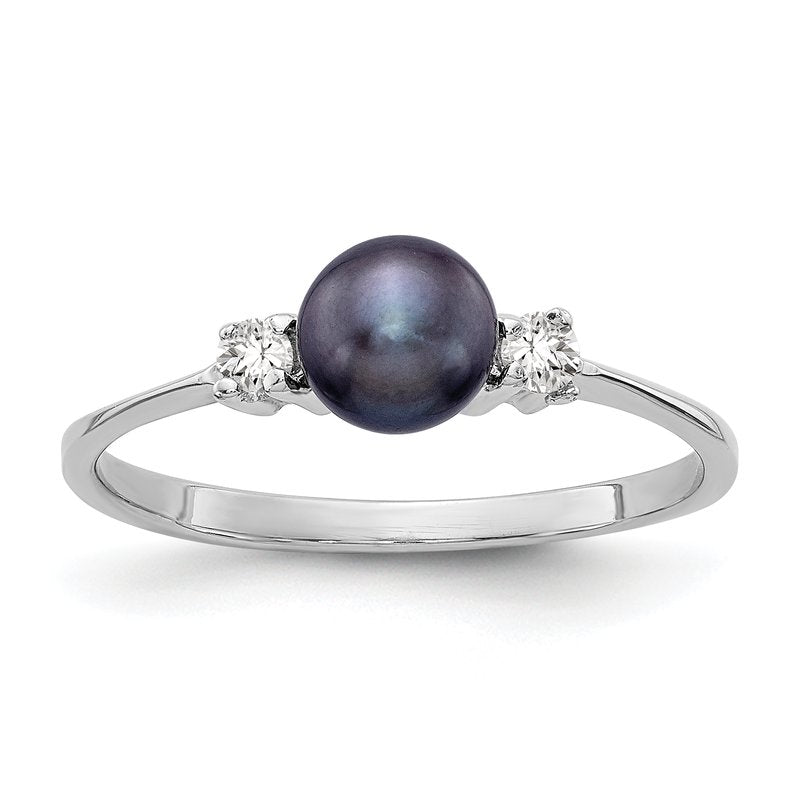 14k White Gold 5mm Black Freshwater Cultured Pearl AAA Diamond ring
