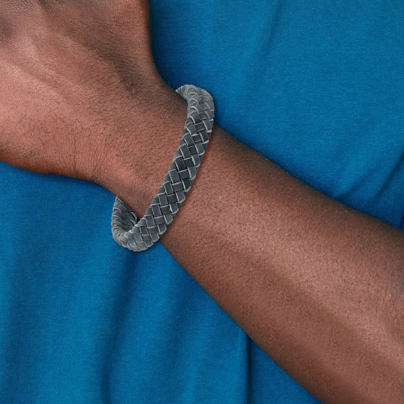 Stainless Steel Brushed Grey Braided Leather 8.5 inch Bracelet