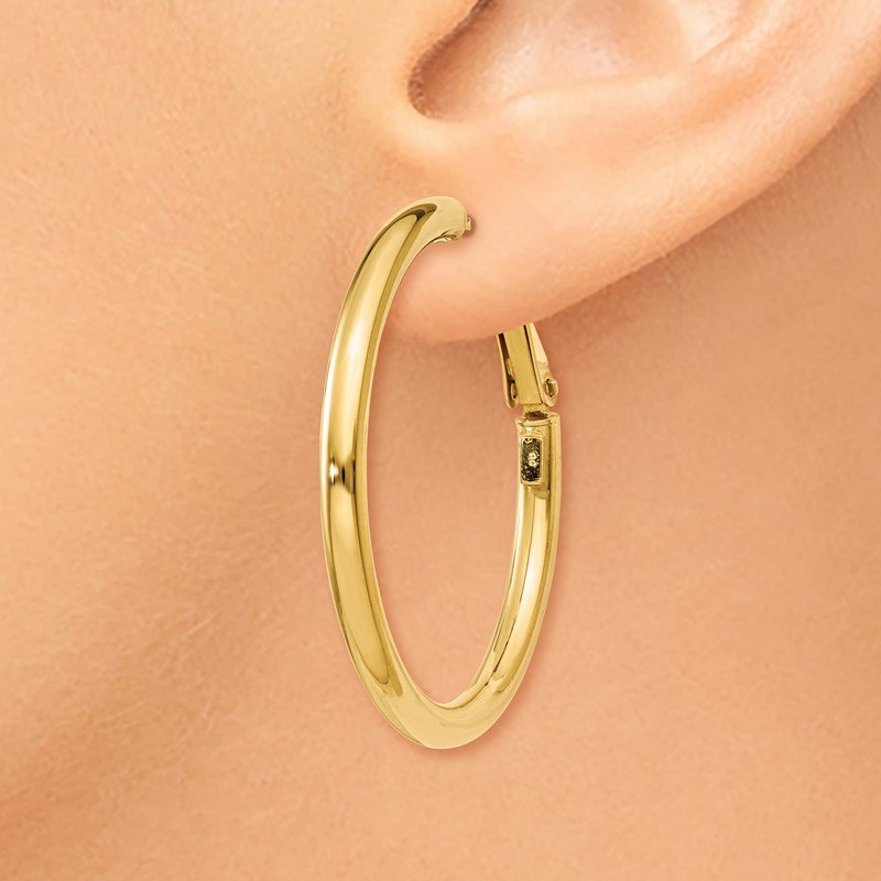 14k 3x30mm Polished Round Omega Back Hoop Earrings