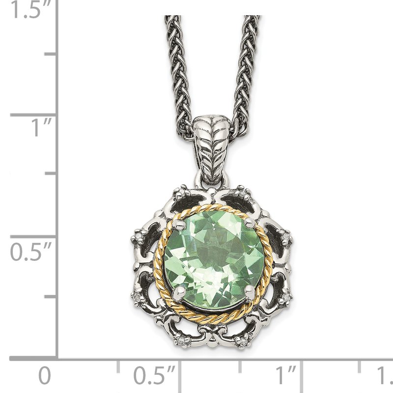 Sterling Silver with 14K Accent 18 Inch Antiqued Round Green Quartz and Diamond Necklace