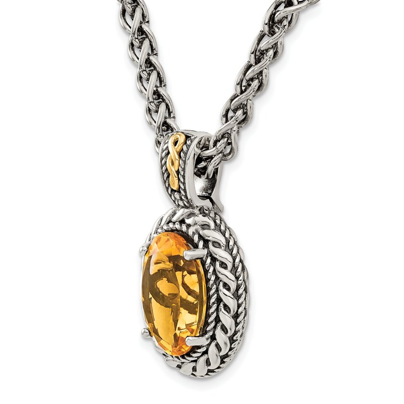 Sterling Silver with 14K Accent 18 Inch Antiqued Oval Citrine Necklace